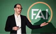 8 February 2025; FAI chief football officer Marc Canham speaking during an FAI Coaching Development Conference at the Aviva Stadium in Dublin. Photo by Seb Daly/Sportsfile