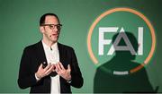 8 February 2025; FAI chief football officer Marc Canham speaking during an FAI Coaching Development Conference at the Aviva Stadium in Dublin. Photo by Seb Daly/Sportsfile