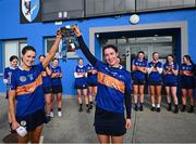 8 February 2025; ATU Galway captain Ava Lynskey, left, lifts the cup with team-mate Cathy Fogerty after their side's victory in the Electric Ireland Ashling Murphy Cup final match between Queens University Belfast 2 and ATU Galway at the University of Galway Connacht GAA AirDome in Bekan, Mayo. Photo by Piaras Ó Mídheach/Sportsfile