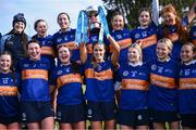 8 February 2025; ATU Galway captain Ava Lynskey with the cup after her side's victory in the Electric Ireland Ashling Murphy Cup final match between Queens University Belfast 2 and ATU Galway at the University of Galway Connacht GAA AirDome in Bekan, Mayo. Photo by Piaras Ó Mídheach/Sportsfile