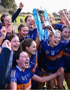 8 February 2025; ATU Galway captain Ava Lynskey with the cup after her side's victory in the Electric Ireland Ashling Murphy Cup final match between Queens University Belfast 2 and ATU Galway at the University of Galway Connacht GAA AirDome in Bekan, Mayo. Photo by Piaras Ó Mídheach/Sportsfile