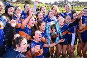 8 February 2025; ATU Galway captain Ava Lynskey with the cup after her side's victory in the Electric Ireland Ashling Murphy Cup final match between Queens University Belfast 2 and ATU Galway at the University of Galway Connacht GAA AirDome in Bekan, Mayo. Photo by Piaras Ó Mídheach/Sportsfile