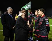 7 February 2025; President of Ireland Michael D Higgins, in the company of FAI President Paul Cooke is introduced to Darragh Markey by Drogheda United captain Ryan Brennan before the 2025 Men's FAI President's Cup final match between Shelbourne and Drogheda United at Tolka Park in Dublin. Photo by Stephen McCarthy/Sportsfile