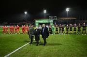7 February 2025; President of Ireland Michael D Higgins accompanied by FAI President Paul Cooke, right, before the 2025 Men's FAI President's Cup final match between Shelbourne and Drogheda United at Tolka Park in Dublin. Photo by Stephen McCarthy/Sportsfile