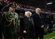 7 February 2025; President of Ireland Michael D Higgins and FAI President Paul Cooke, right, before the 2025 Men's FAI President's Cup final match between Shelbourne and Drogheda United at Tolka Park in Dublin. Photo by Stephen McCarthy/Sportsfile