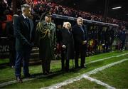 7 February 2025; President of Ireland Michael D Higgins, FAI President Paul Cooke, right, and Cliff Henry, League of Ireland operations manager, left, before the 2025 Men's FAI President's Cup final match between Shelbourne and Drogheda United at Tolka Park in Dublin. Photo by Stephen McCarthy/Sportsfile