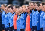 8 February 2025; Dublin players stand for a moments silence in memory of the late Dublin footballer Paddy Cullen before the Lidl Ladies National Football League Division 1 match between Dublin and Armagh at Parnell Park in Dublin. Photo by Stephen McCarthy/Sportsfile