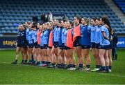 8 February 2025; Dublin players stand for a moments silence in memory of the late Dublin footballer Paddy Cullen before the Lidl Ladies National Football League Division 1 match between Dublin and Armagh at Parnell Park in Dublin. Photo by Stephen McCarthy/Sportsfile