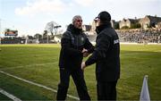 8 February 2025; Donegal manager Jim McGuinness shakes hands with Kerry manager Jack O'Connor after the Allianz Football League Division 1 match between Kerry and Donegal at Fitzgerald Stadium in Killarney, Kerry. Photo by Brendan Moran/Sportsfile