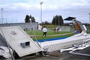 8 February 2025; A general view of damage to the venue, during what was the first game back at the venue since the damage caused by Storm Éowyn, at the Electric Ireland Ashling Murphy Cup final match between Queens University Belfast 2 and ATU Galway at the University of Galway Connacht GAA AirDome in Bekan, Mayo. Photo by Piaras Ó Mídheach/Sportsfile