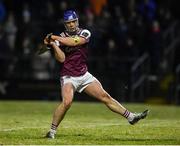 8 February 2025; Anthony Burns of Galway shoots to score his side's second goal during the Allianz Hurling League Division 1A match between Galway and Clare at Pearse Stadium in Galway. Photo by John Sheridan/Sportsfile