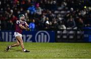 8 February 2025; Fintan Burke of Galway scores a free during the Allianz Hurling League Division 1A match between Galway and Clare at Pearse Stadium in Galway. Photo by Tyler Miller/Sportsfile