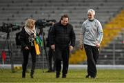8 February 2025; Donegal manager Jim McGuinness, accompanied by Donegal GAA public relations officer Sinéad Breen, makes his way with RTÉ GAA correspondent Marty Morrissey to the press box to do a radio interview after the Allianz Football League Division 1 match between Kerry and Donegal at Fitzgerald Stadium in Killarney, Kerry. Photo by Brendan Moran/Sportsfile