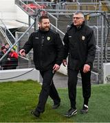 8 February 2025; Kerry head coach Cian O'Neill, left, and selector Aodhán Mac Gearailt makes their way onto the pitch before the Allianz Football League Division 1 match between Kerry and Donegal at Fitzgerald Stadium in Killarney, Kerry. Photo by Brendan Moran/Sportsfile