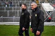 8 February 2025; Kerry head coach Cian O'Neill, left, and selector Aodhán Mac Gearailt makes their way onto the pitch before the Allianz Football League Division 1 match between Kerry and Donegal at Fitzgerald Stadium in Killarney, Kerry. Photo by Brendan Moran/Sportsfile