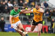 9 February 2025; Dan Ravenhill of Offaly in action against Declan McCloskey of Antrim during the Allianz Hurling League Division 1B match between Offaly and Antrim at Glenisk O'Connor Park in Tullamore, Offaly. Photo by Matt Browne/Sportsfile