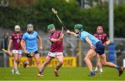 9 February 2025; Shane Williams of Westmeath in action against Chris Crummey of Dublin during the Allianz Hurling League Division 1B match between Westmeath and Dublin at TEG Cusack Park in Mullingar, Westmeath. Photo by Shauna Clinton/Sportsfile