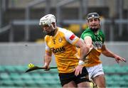 9 February 2025; Paddy Burke of Antrim in action against Dan Ravenhill of Offaly during the Allianz Hurling League Division 1B match between Offaly and Antrim at Glenisk O'Connor Park in Tullamore, Offaly. Photo by Matt Browne/Sportsfile