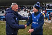 9 February 2025; Waterford manager Peter Queally, left, shakes hands with Laois manager Tommy Fitzgerald after the Allianz Hurling League Division 1B match between Waterford and Laois at Walsh Park in Waterford. Photo by Michael P Ryan/Sportsfile