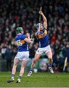 9 February 2025; Tipperary players Willie Connors, right, and Darragh Stakelum during the Allianz Hurling League Division 1A match between Limerick and Tipperary at TUS Gaelic Grounds in Limerick. Photo by Seb Daly/Sportsfile
