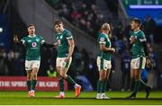 9 February 2025; Jack Crowley of Ireland, left, with teammates Garry Ringrose, Jamison Gibson-Park and Sam Prendergast during the Guinness Six Nations Rugby Championship match between Scotland and Ireland at Scottish Gas Murrayfield Stadium in Edinburgh, Scotland. Photo by David Fitzgerald/Sportsfile