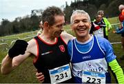 9 February 2025; Anthony Doherty of Milford AC, Donegal, left, and Michael Penrose of Finn Valley AC, Donegal, celebrate after competing in the master men 7000m, during the 123.ie National Intermediate, Masters & Juvenile B Cross Country Championships 2025 at Westport Athletics Centre in Mayo. Photo by Tyler Miller/Sportsfile