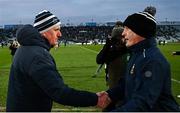 9 February 2025; Limerick manager John Kiely, left, and Tipperary manager Liam Cahill shake hands after the Allianz Hurling League Division 1A match between Limerick and Tipperary at TUS Gaelic Grounds in Limerick. Photo by Seb Daly/Sportsfile