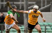9 February 2025; Paddy Burke of Antrim in action against Dan Ravenhill  of Offaly during the Allianz Hurling League Division 1B match between Offaly and Antrim at Glenisk O'Connor Park in Tullamore, Offaly. Photo by Matt Browne/Sportsfile
