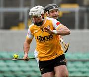 9 February 2025; Paddy Burke of Antrim in action against Dan Ravenhill of Offaly during the Allianz Hurling League Division 1B match between Offaly and Antrim at Glenisk O'Connor Park in Tullamore, Offaly. Photo by Matt Browne/Sportsfile