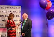 7 February 2025; John Leetch from the Castlelyons club in Cork, winner of the Club Committee Officer of the Year award, is interviewed by MC Gráinne McElwain at the 2024 LGFA National Volunteer of the Year awards ceremony at Croke Park in Dublin. Photo by Piaras Ó Mídheach/Sportsfile