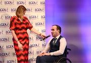 7 February 2025; Paul Murphy from the Scartaglen club in Kerry, winner of the PRO of the Year, is interviewed by MC Gráinne McElwain at the 2024 LGFA National Volunteer of the Year awards ceremony at Croke Park in Dublin. Photo by Piaras Ó Mídheach/Sportsfile