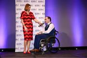 7 February 2025; Paul Murphy from the Scartaglen club in Kerry, winner of the PRO of the Year, is interviewed by MC Gráinne McElwain at the 2024 LGFA National Volunteer of the Year awards ceremony at Croke Park in Dublin. Photo by Piaras Ó Mídheach/Sportsfile