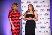 7 February 2025; Emma McMoran from the Coalisland club in Tyrone, winner of the Young Volunteer of the Year award, is interviewed by MC Gráinne McElwain at the 2024 LGFA National Volunteer of the Year awards ceremony at Croke Park in Dublin. Photo by Piaras Ó Mídheach/Sportsfile
