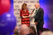 7 February 2025; John Leetch from the Castlelyons club in Cork, winner of the Club Committee Officer of the Year award, is interviewed by MC Gráinne McElwain at the 2024 LGFA National Volunteer of the Year awards ceremony at Croke Park in Dublin. Photo by Piaras Ó Mídheach/Sportsfile
