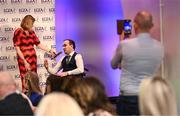 7 February 2025; Paul Murphy from the Scartaglen club in Kerry, winner of the PRO of the Year, is interviewed by MC Gráinne McElwain at the 2024 LGFA National Volunteer of the Year awards ceremony at Croke Park in Dublin. Photo by Piaras Ó Mídheach/Sportsfile