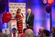 7 February 2025; John Leetch from the Castlelyons club in Cork, winner of the Club Committee Officer of the Year award, is interviewed by MC Gráinne McElwain at the 2024 LGFA National Volunteer of the Year awards ceremony at Croke Park in Dublin. Photo by Piaras Ó Mídheach/Sportsfile