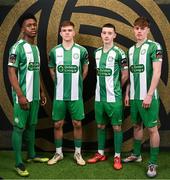 8 February 2025; Players, from left, Alain Kizenga, Billy O'Neill, Rhys Knight and Phillip Cooney during a Bray Wanderers squad portraits session at Carlisle Grounds in Bray, Wicklow. Photo by Stephen McCarthy/Sportsfile