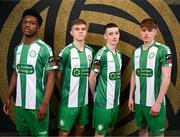 8 February 2025; Players, from left, Alain Kizenga, Billy O'Neill, Rhys Knight and Phillip Cooney during a Bray Wanderers squad portraits session at Carlisle Grounds in Bray, Wicklow. Photo by Stephen McCarthy/Sportsfile