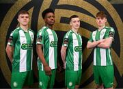 8 February 2025; Players, from left, Billy O'Neill, Alain Kizenga, Rhys Knight and Phillip Cooney during a Bray Wanderers squad portraits session at Carlisle Grounds in Bray, Wicklow. Photo by Stephen McCarthy/Sportsfile