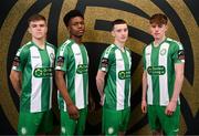 8 February 2025; Players, from left, Billy O'Neill, Alain Kizenga, Rhys Knight and Phillip Cooney during a Bray Wanderers squad portraits session at Carlisle Grounds in Bray, Wicklow. Photo by Stephen McCarthy/Sportsfile