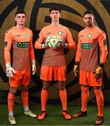 8 February 2025; Goalkeepers, from left, Jimmy Corcoran, Benjamin Clark and Stephen McGuinness during a Bray Wanderers squad portraits session at Carlisle Grounds in Bray, Wicklow. Photo by Stephen McCarthy/Sportsfile