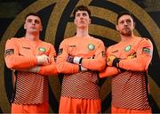 8 February 2025; Goalkeepers, from left, Jimmy Corcoran, Benjamin Clark and Stephen McGuinness during a Bray Wanderers squad portraits session at Carlisle Grounds in Bray, Wicklow. Photo by Stephen McCarthy/Sportsfile