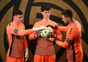 8 February 2025; Goalkeepers, from left, Jimmy Corcoran, Benjamin Clark and Stephen McGuinness during a Bray Wanderers squad portraits session at Carlisle Grounds in Bray, Wicklow. Photo by Stephen McCarthy/Sportsfile
