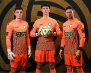 8 February 2025; Goalkeepers, from left, Jimmy Corcoran, Benjamin Clark and Stephen McGuinness during a Bray Wanderers squad portraits session at Carlisle Grounds in Bray, Wicklow. Photo by Stephen McCarthy/Sportsfile