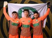 8 February 2025; Goalkeepers, from left, Jimmy Corcoran, Benjamin Clark and Stephen McGuinness during a Bray Wanderers squad portraits session at Carlisle Grounds in Bray, Wicklow. Photo by Stephen McCarthy/Sportsfile