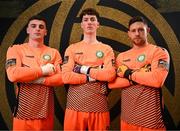 8 February 2025; Goalkeepers, from left, Jimmy Corcoran, Benjamin Clark and Stephen McGuinness during a Bray Wanderers squad portraits session at Carlisle Grounds in Bray, Wicklow. Photo by Stephen McCarthy/Sportsfile