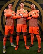 8 February 2025; Goalkeepers, from left, Jimmy Corcoran, Benjamin Clark and Stephen McGuinness during a Bray Wanderers squad portraits session at Carlisle Grounds in Bray, Wicklow. Photo by Stephen McCarthy/Sportsfile
