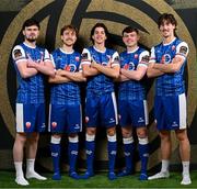 9 February 2025; Players, from left, Dean Owens, Connor Wilson, Ben Lee, Ben Lynch and Joe Hanson during a Treaty United squad portraits session at TUS in Limerick. Photo by Stephen McCarthy/Sportsfile