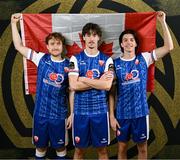 9 February 2025; Canadian players, from left, Connor Wilson, Joe Hanson and Ben Lee during a Treaty United squad portraits session at TUS in Limerick. Photo by Stephen McCarthy/Sportsfile