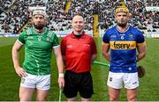 9 February 2025; Referee Chris Mooney with Limerick captain Cian Lynch, left, and Tipperary captain Ronan Maher before the Allianz Hurling League Division 1A match between Limerick and Tipperary at TUS Gaelic Grounds in Limerick. Photo by Seb Daly/Sportsfile